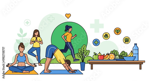 Healthy Lifestyle: Yoga, Running, and Nutritious Food for Wellness