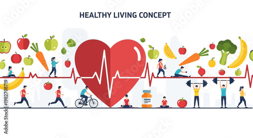 Healthy Living Concept: Heartbeat, Fruits, Vegetables, Fitness, and Wellness