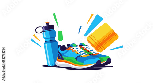Vibrant illustration of running shoes water bottle and towel
