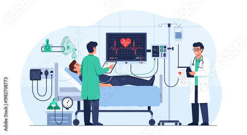 Intensive Care Unit: Doctors Monitor Patient's Vital Signs on ECG Monitor