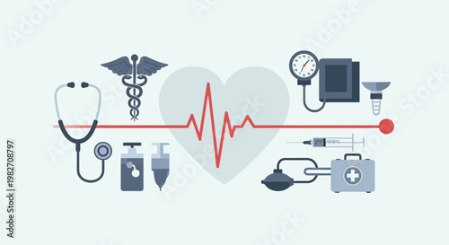 Medical Healthcare Concept: Heartbeat ECG, Stethoscope, Blood Pressure Monitor, Syringe, Caduceus