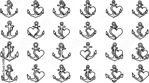 Love and Nautical Black and White Line Art Anchor and Heart Symbols Set. Romantic Relationship Vector Icons Representing Stability and Hope.