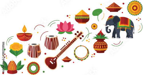 Bild auf Leinwand Indian cultural festival elements with elephant sitar diya lotus and traditional