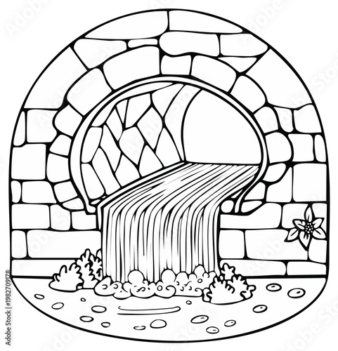 Stone Arch Bridge With Flowing Waterfall and Greenery Illustration