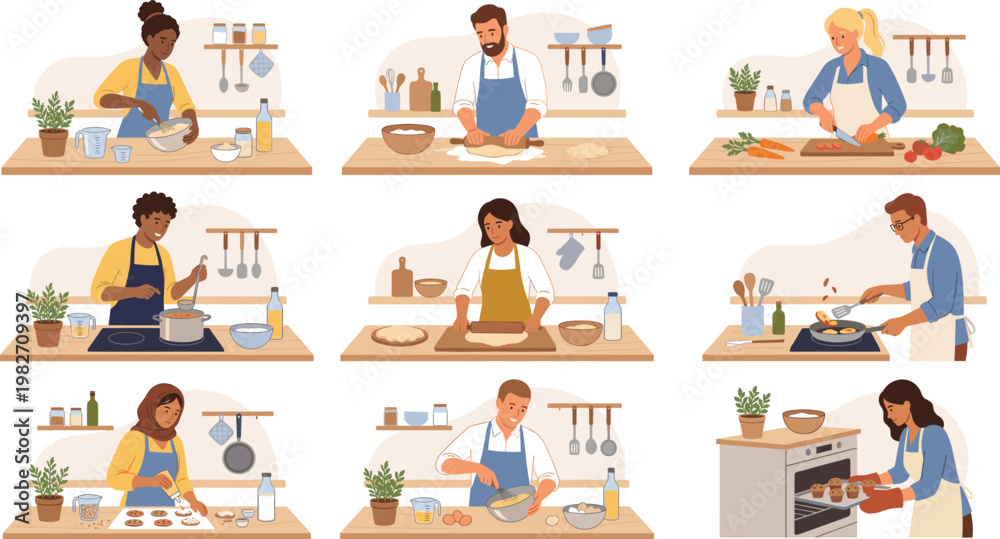 Fototapeta premium People cooking in kitchen illustration set, home food preparation scenes with diverse characters baking and preparing meals, healthy lifestyle concept