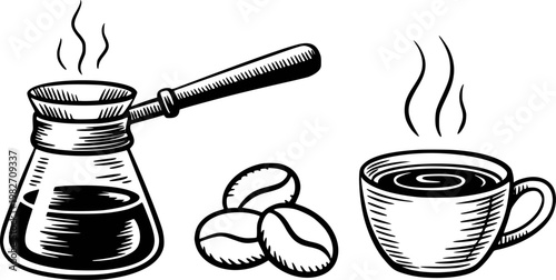 Hand-drawn of a steaming coffee pot, beans, and cup a white background, drink beverage
