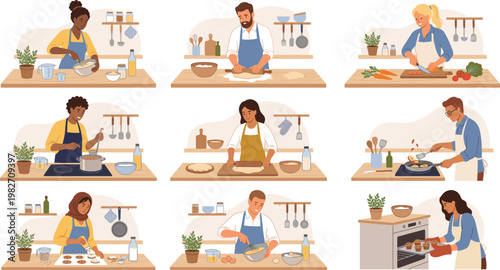 People cooking in kitchen illustration set, home food preparation scenes with diverse characters baking and preparing meals, healthy lifestyle concept