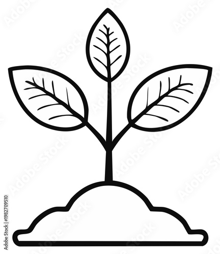 Simple line drawing of a young plant sprouting from soil with three leaves developing