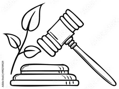 Gavel and Plant Illustration Justice System Concept Symbolic Imagery Eco Law and Environmental Regulation