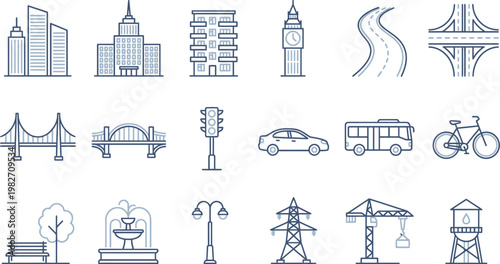 A set of blue line art icons representing various urban city infrastructure elements and modern transportation modes