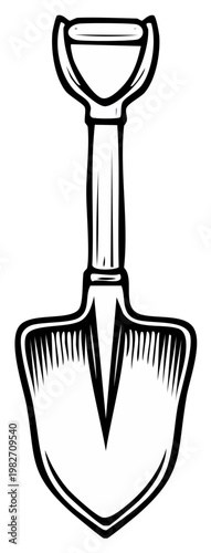 Vintage shovel illustration, black and white design for gardening and construction tools.