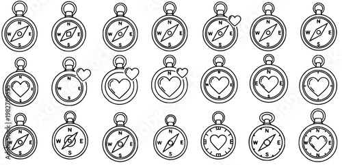 Black and White Line Art Icon Set of Love Compasses and Heart Directions for Romance, Travel, and Valentine's Day Design Elements