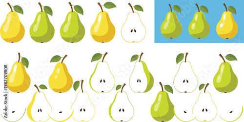 Pear Fruit Collection with Whole Pears, Halves and Slices Fresh Organic Food Vector Illustration Set