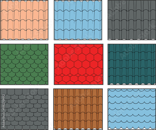 Roof tiles seamless patterns illustration set, colorful shingles textures for house roofing design architecture surfaces and construction materials backgrounds, decorative pattern concept