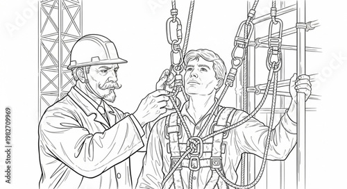 Workers safety harness inspection conducted by supervisor before work.