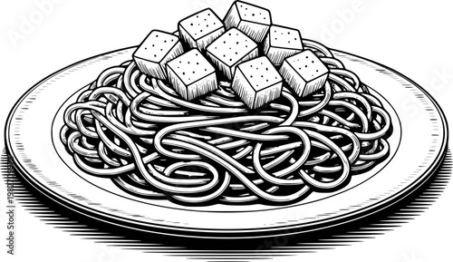 Black and white of spaghetti with cubed tofu a plate pasta cubes food