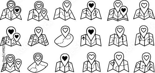 Black  White Line Art Love  Travel Map Icons: Romantic Heart Location Pins and Journey Routes for Dating, Relationships, and Navigation.