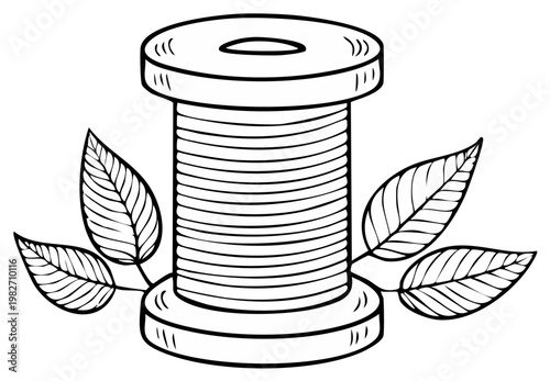 Hand drawn illustration of a spool of thread adorned with stylized leaves in black and white line art