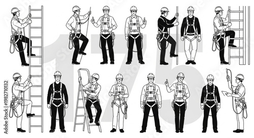 Workers wearing safety harnesses and helmets performing various tasks at height.