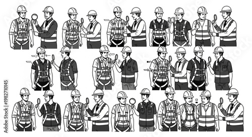 Workers wearing safety harnesses and protective gear in various poses.