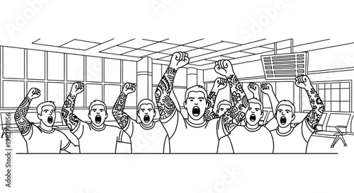 Excited Crowd Cheering with Raised Fists in a Modern Indoor Space