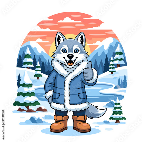 Cute Cartoon Wolf in Winter Clothes Giving Thumbs Up with Snowy Mountain Sunset Background