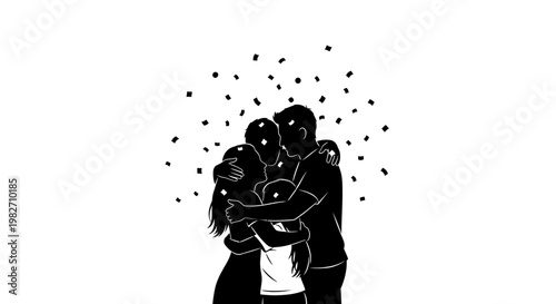 Family Hugging Silhouette with Confetti Falling