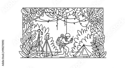 Explorer in Jungle Camp with Survey Equipment and Tent