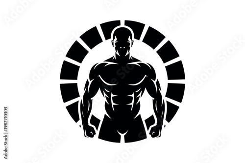 A muscular man in a powerful pose with a circular design behind him