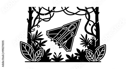 Futuristic Spaceship Flying Through Lush Jungle Canopy, Sci-Fi Exploration