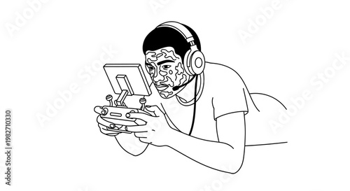 Gamer with headphones playing video game on tablet, close-up, line art