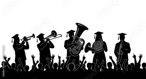 Graduation Band Performance Silhouette: Students in Caps Playing Music for Cheering Crowd