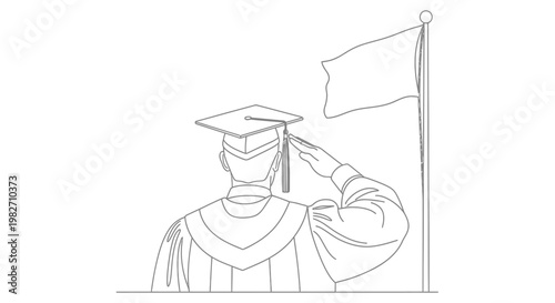 Graduation Ceremony: Student Saluting Flag in Graduation Gown and Cap