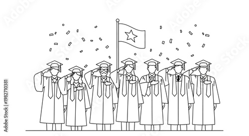 Graduation Ceremony: Students in Caps and Gowns Salute Flag with Confetti