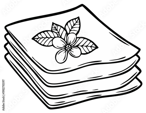 Stack of decorative paper napkins with a flower and leaves, black and white line art.