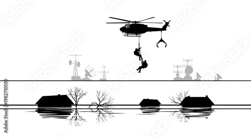Helicopter rescue of people from flooded houses with communication towers in background