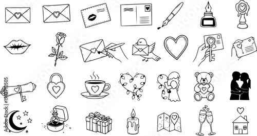 Hand-drawn Black and White Line Art Icons Set for Love, Romance, and Valentine's Day. Doodle Symbols for Relationships and Celebrations.