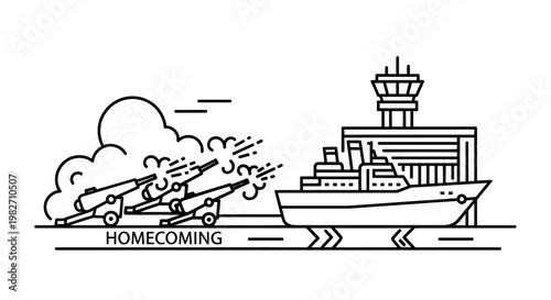 Homecoming military cannons firing salute to a ship arriving at port