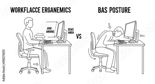 Workplace Ergonomics vs Bad Posture Comparison Illustration.