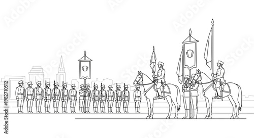 Historical military parade with cavalry and infantry, vintage illustration