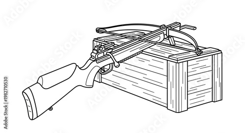 Hunting Crossbow Mounted on Wooden Crate, Outdoor Sports Equipment