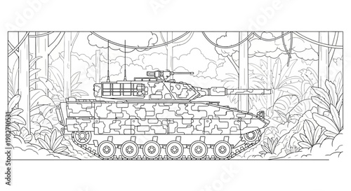Jungle Camouflage Tank in Lush Tropical Forest - Line Art Illustration