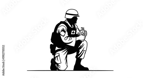 Kneeling Soldier with Medical Cross Symbol, Holding Water Bottle