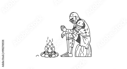 Knight in Armor Resting by Campfire, Holding Mug, Medieval Warrior, Solitude, Warmth