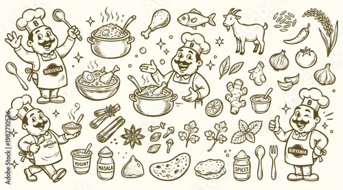 Vintage 1930s Retro Mascot Biryani Asian Food Doodle Set