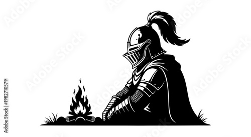 Knight Sitting by Campfire, Medieval Warrior Resting, Black and White Illustration