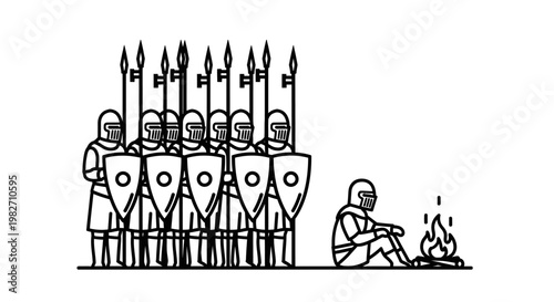 Knights Guarding Campfire, Medieval Soldiers in Armor, Vigilant Watch