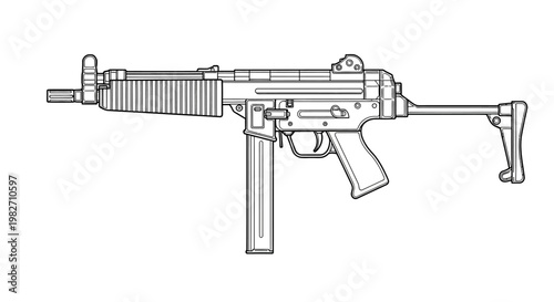 Line Art Drawing of a Submachine Gun, Military Weapon, Tactical Firearm