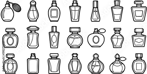 Perfume Bottles Line Art Icons. Black and White Outline Set of Fragrance and Cosmetic Scent Containers. Beauty Industry Vector Glyphs.
