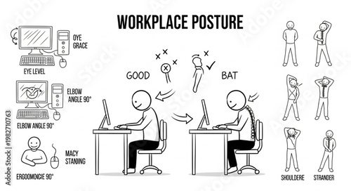 Workplace Posture Illustration Showing Good vs Bad Sitting Positions.